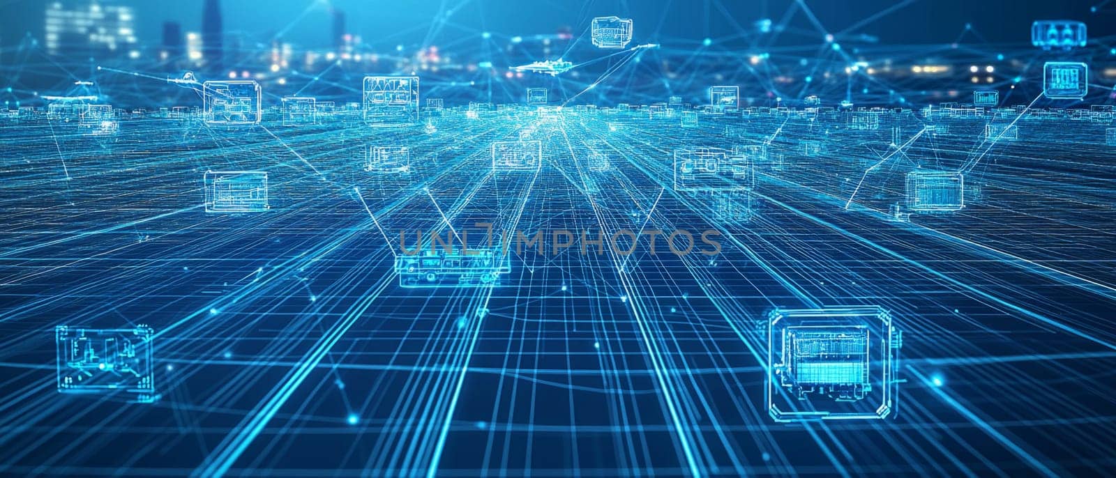A grid of blue-toned nodes and lines connects digital warehouses, factories, and transportation hubs. Data streams and holographic icons of trucks, ships, and drones hover over each node.