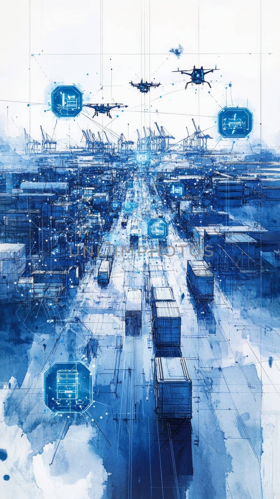 A grid of blue-toned nodes and lines connects digital warehouses, factories, and transportation hubs. Data streams and holographic icons of trucks, ships, and drones hover over each node.