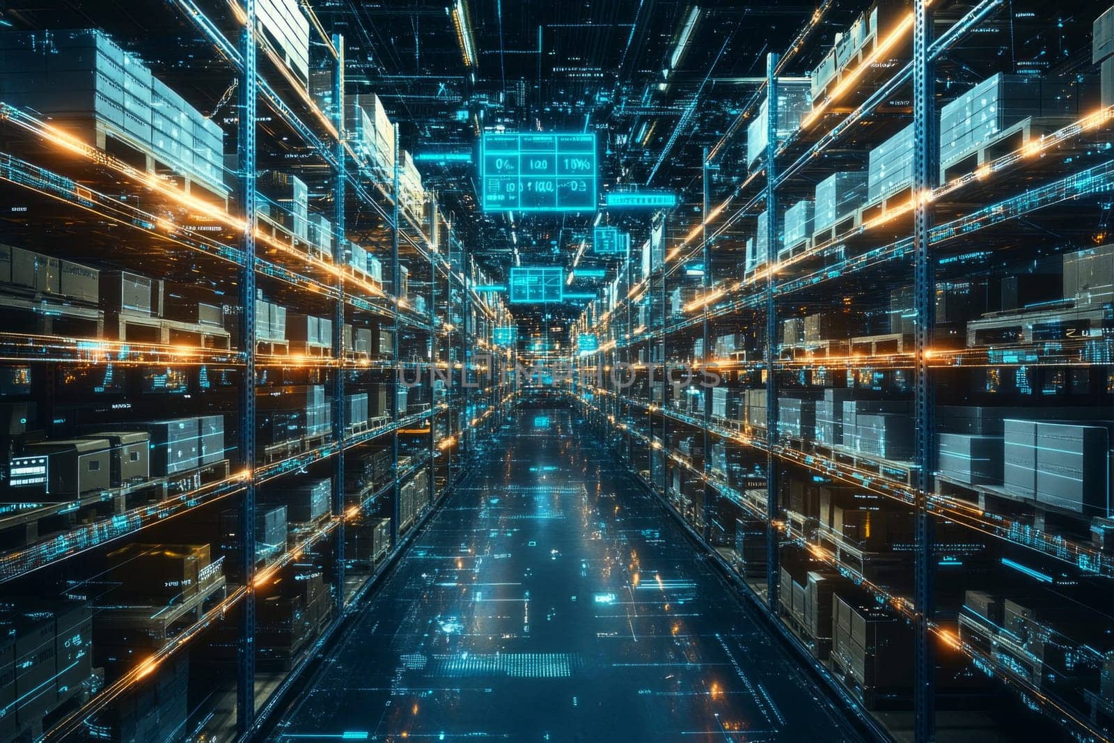 A virtual warehouse filled with glowing shelves and holographic containers.