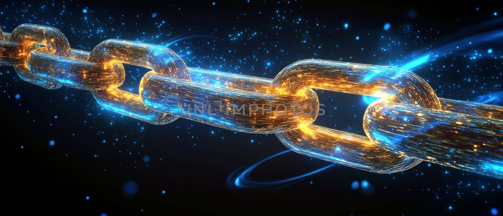 A glowing chain made of holographic links, each representing a stage of the digital supply chain—from production to distribution.