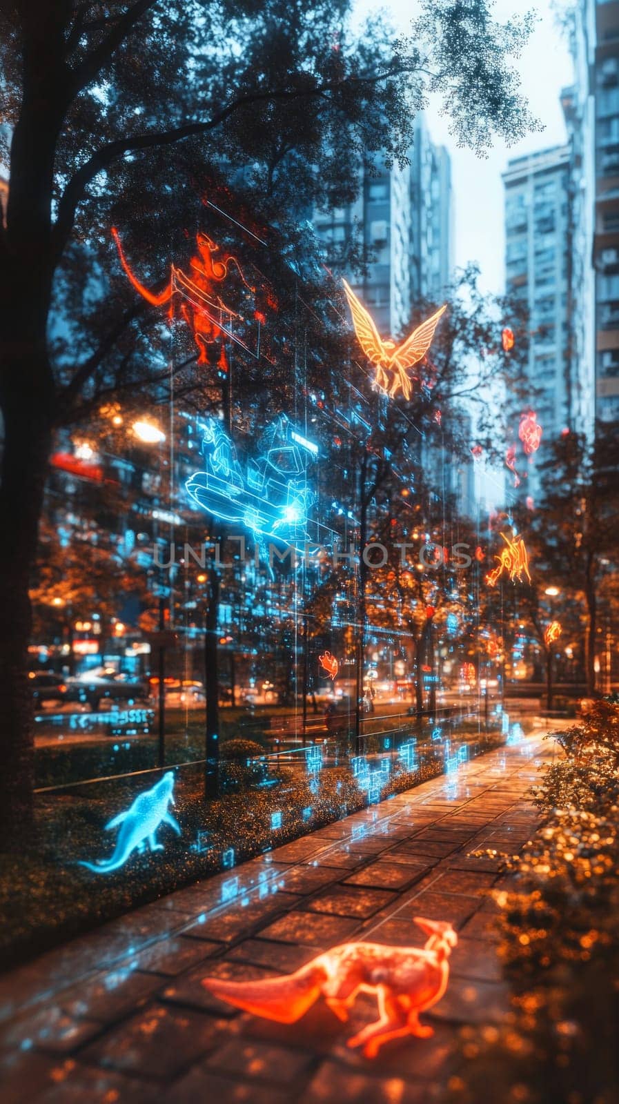 A city park transformed by AR, where glowing holographic overlays display interactive games, information, and digital creatures. The real-world objects blend seamlessly with digital elements.