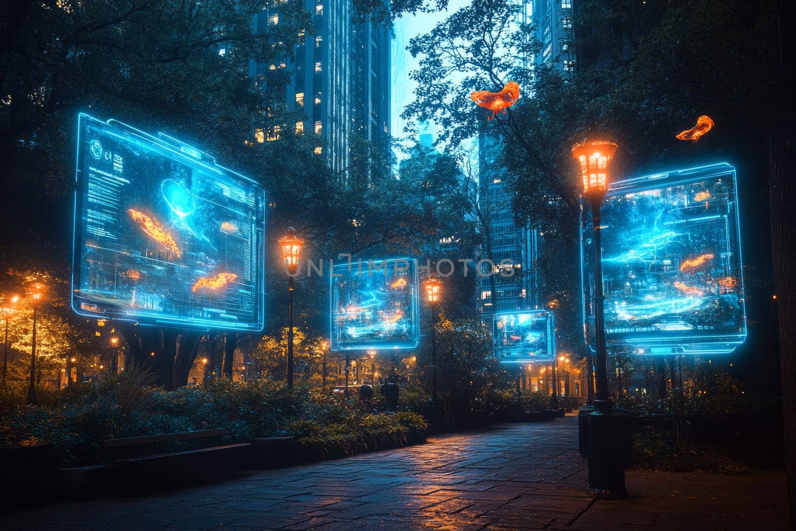 A city park transformed by AR, where glowing holographic overlays display interactive games, information, and digital creatures. The real-world objects blend seamlessly with digital elements.