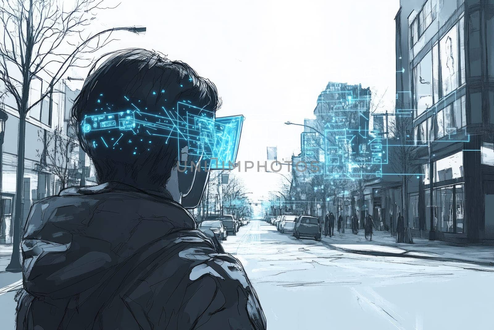 A person wearing AR glasses, viewing a street scene where glowing blue-toned lines and dots form digital overlays on real-world objects, providing directions, information, and enhancements.