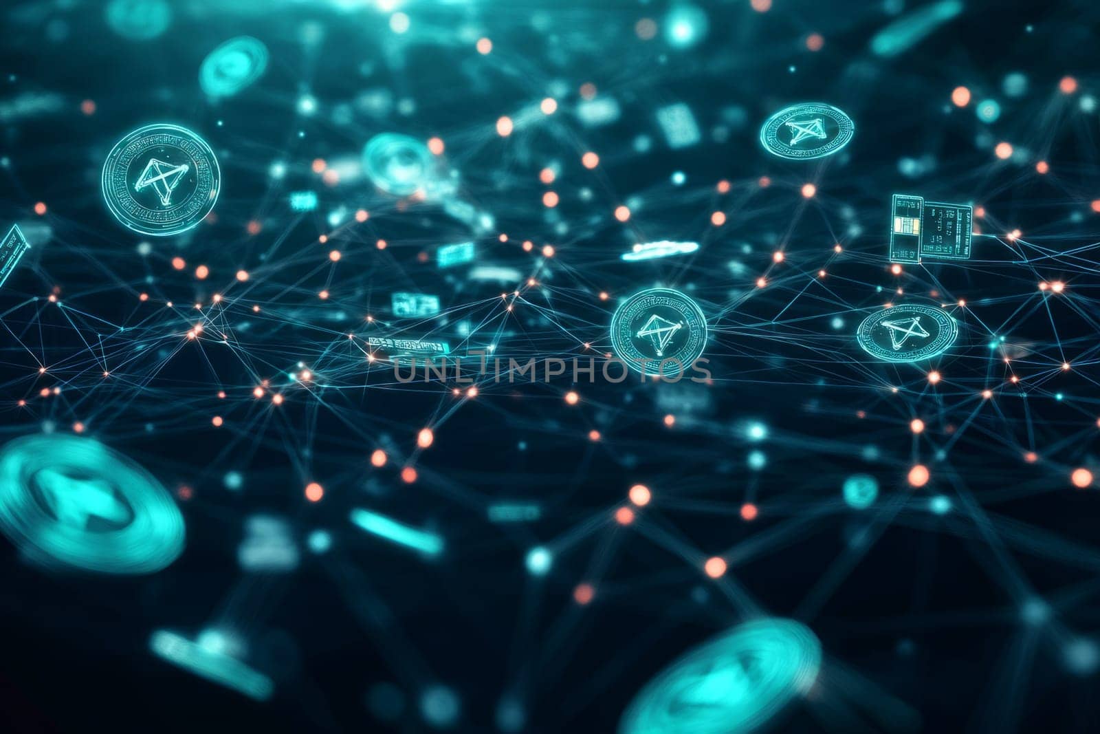 A vast, glowing network of interconnected nodes, representing digital payment systems worldwide. Holographic coins and digital cards float through the network, showing the global fintech ecosystem.
