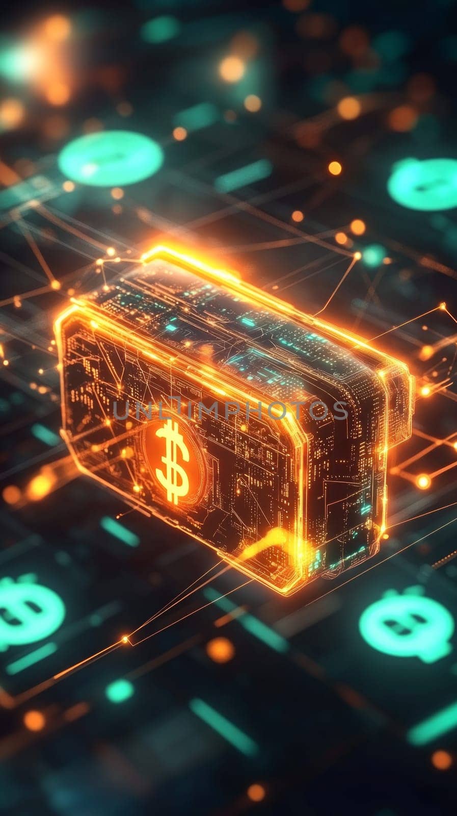 A glowing digital wallet in mid-air, with lines of data and holographic currency symbols surrounding it. The wallet is connected to a web of transactions, representing modern fintech solutions.