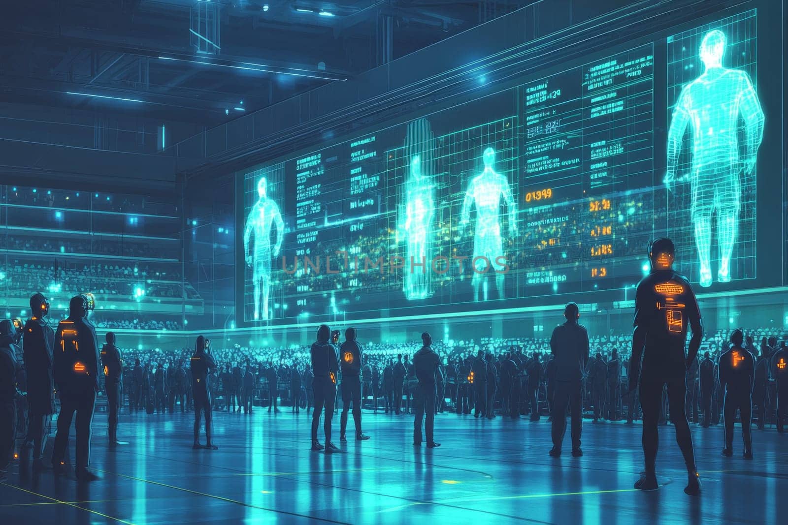 A large sports arena where the game is both real and virtual. Spectators wearing AR devices see glowing holographic stats and enhanced visuals of players, blending real-time with digital augmentation.