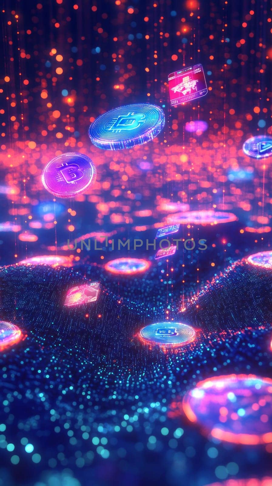A vast, glowing network of interconnected nodes, representing digital payment systems worldwide. Holographic coins and digital cards float through the network, showing the global fintech ecosystem.
