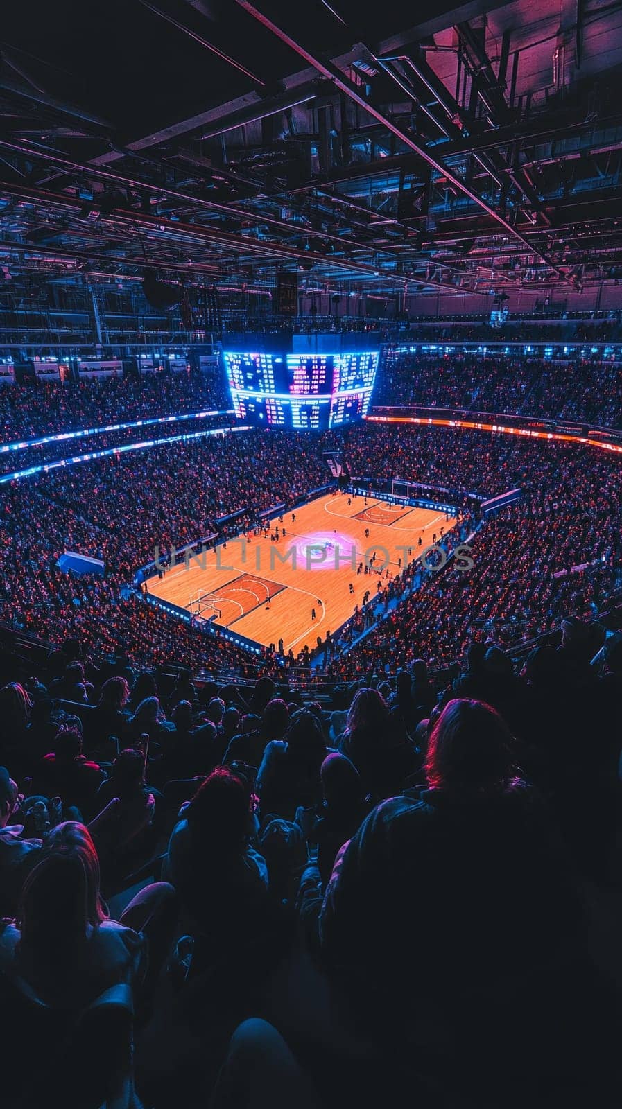 A large sports arena where the game is both real and virtual. Spectators wearing AR devices see glowing holographic stats and enhanced visuals of players, blending real-time with digital augmentation.