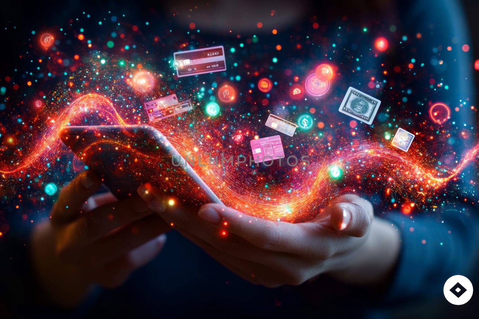 A person holding a smartphone, surrounded by glowing holographic waves, representing contactless payments.