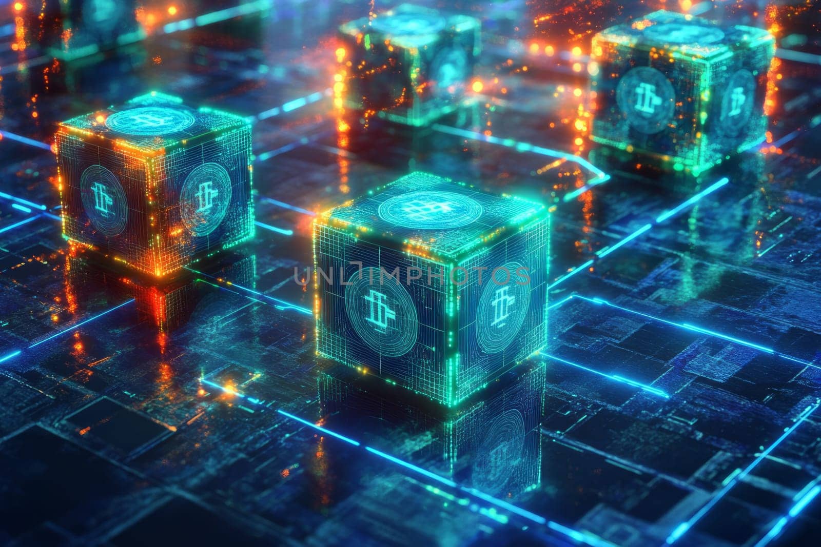 A futuristic digital grid where blocks of transactions float, linked by glowing blue lines. Holographic currencies move between them, symbolizing secure and transparent payment systems in fintech.