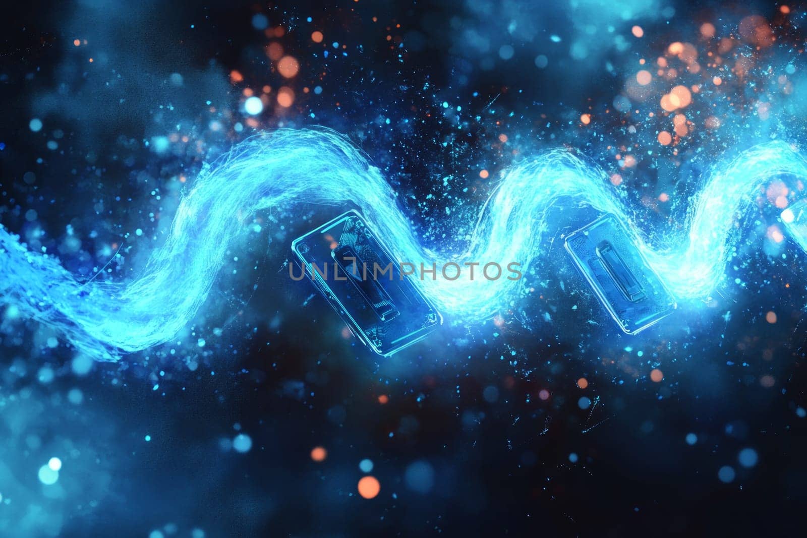 A glowing stream of digital currency flowing between holographic wallets. Blue-toned lines and particle effects surround the transaction, symbolizing the seamless flow of digital payments in fintech.