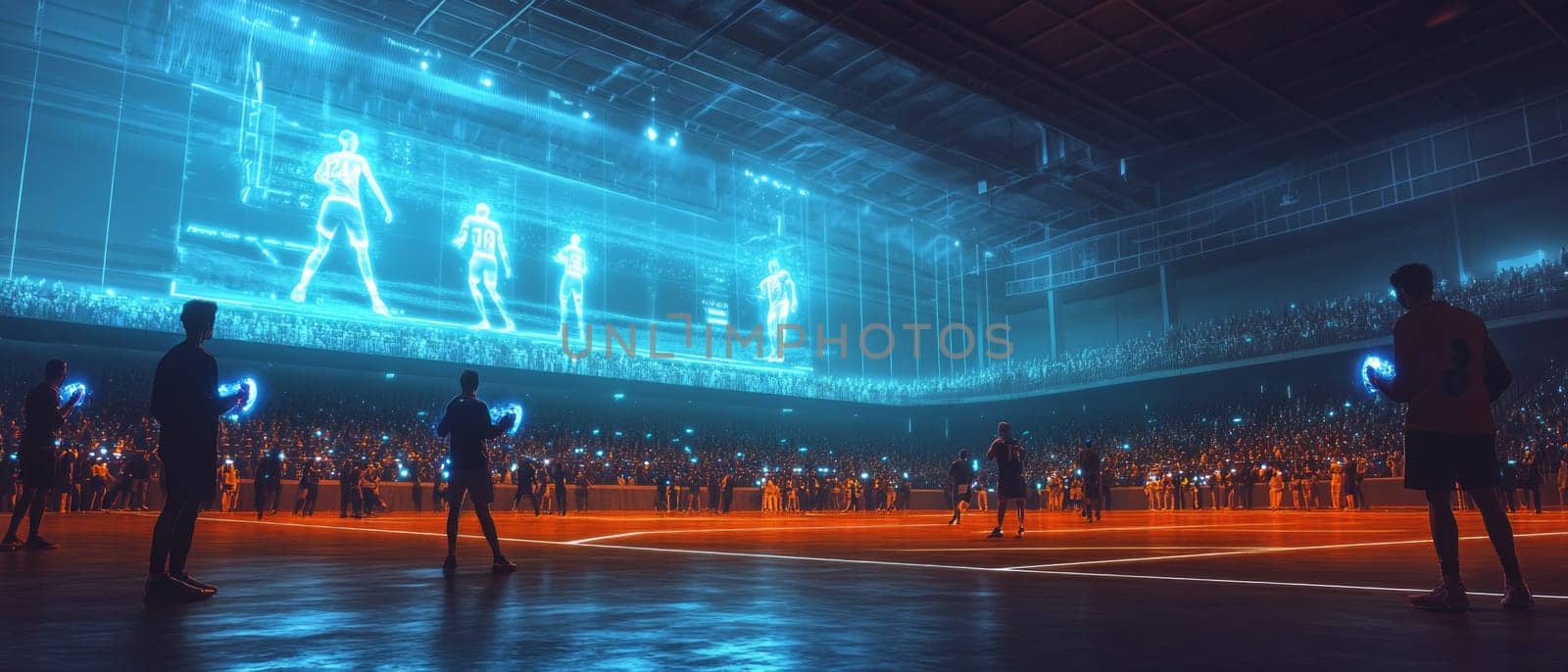 A large sports arena where the game is both real and virtual. Spectators wearing AR devices see glowing holographic stats and enhanced visuals of players, blending real-time with digital augmentation.