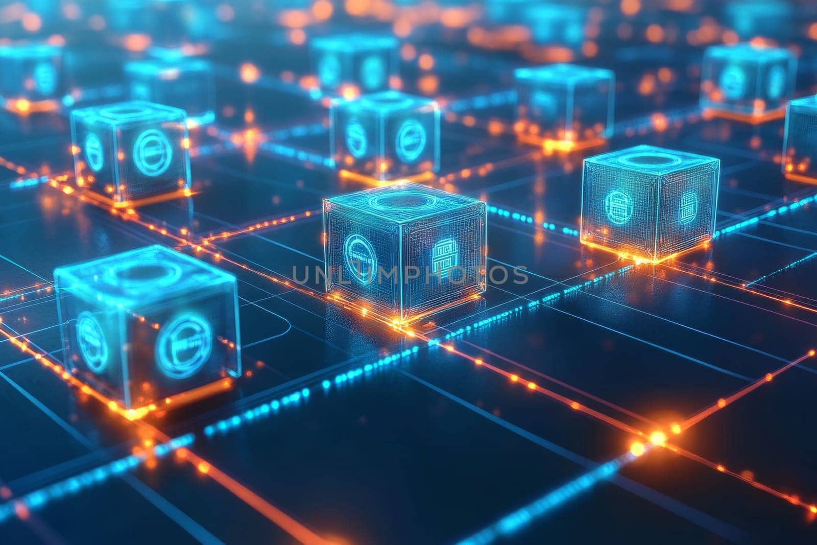 A futuristic digital grid where blocks of transactions float, linked by glowing blue lines. Holographic currencies move between them, symbolizing secure and transparent payment systems in fintech.