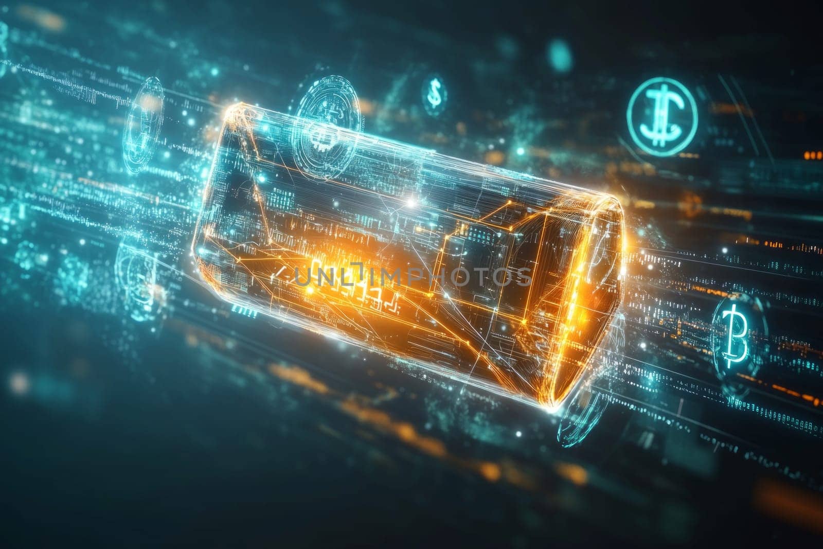 A glowing digital wallet in mid-air, with lines of data and holographic currency symbols surrounding it. The wallet is connected to a web of transactions, representing modern fintech solutions.