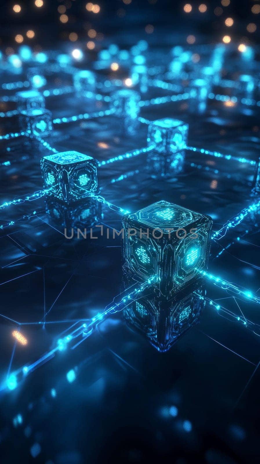A futuristic digital grid where blocks of transactions float, linked by glowing blue lines. Holographic currencies move between them, symbolizing secure and transparent payment systems in fintech.