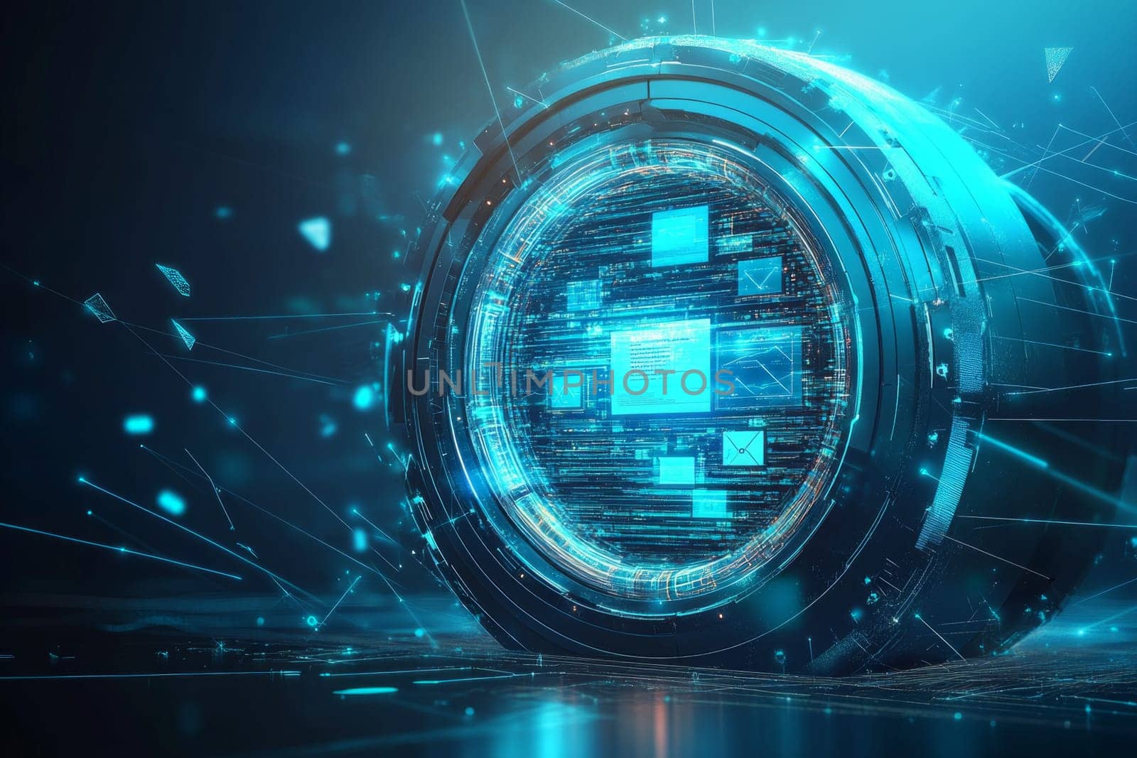 A glowing vault door made of holographic layers, surrounded by blue-toned lines and particle effects.