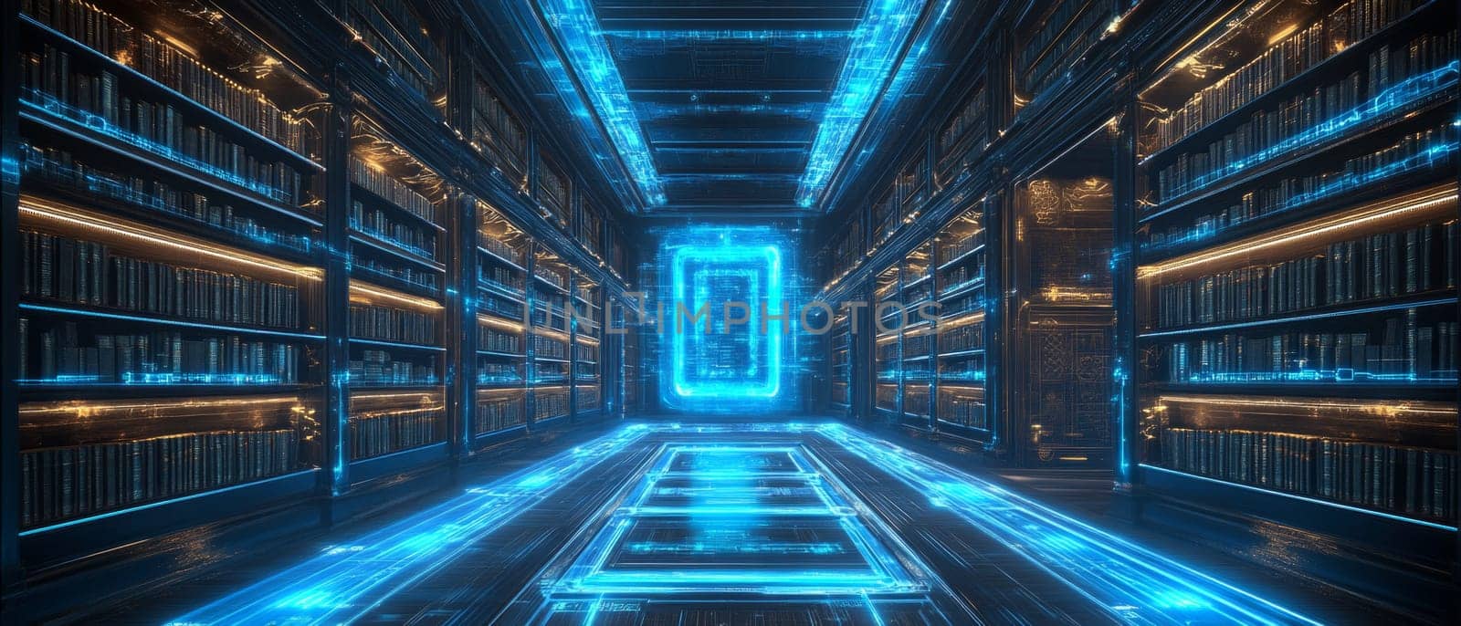 Glowing blue data streams flow through an ancient library, where holographic books and scrolls are digitized and preserved. The image represents the transition of knowledge to digital archives.