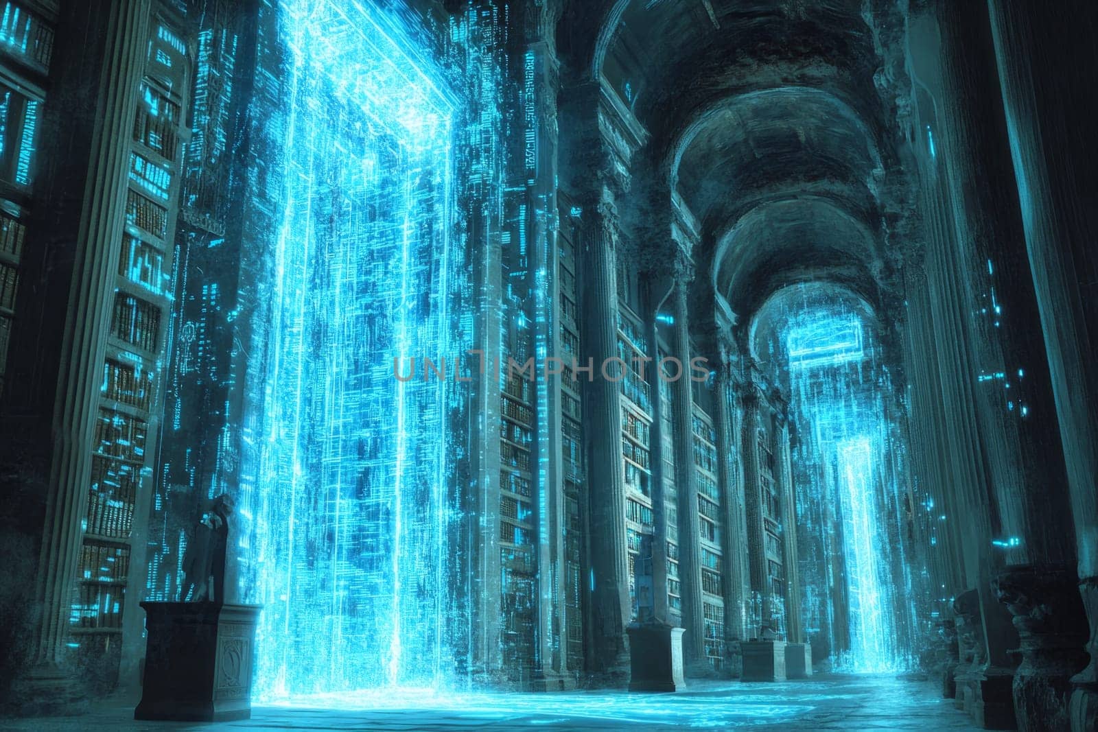 Glowing blue data streams flow through an ancient library, where holographic books and scrolls are digitized and preserved. The image represents the transition of knowledge to digital archives.