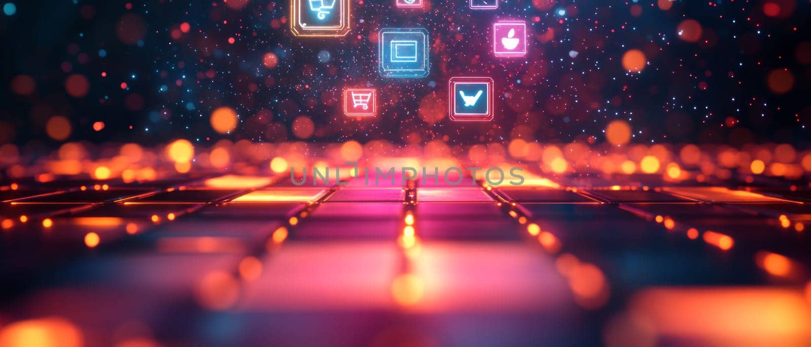 A grid of glowing tiles, each representing a different digital platform (e-commerce, content, social media). Holographic icons float above, connected by particle effects, representing a unified DXP.