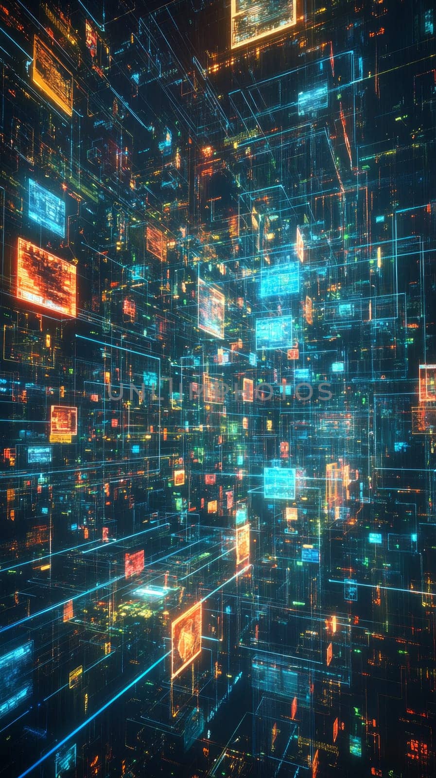 A vast interconnected web of holographic screens and interfaces, floating in a digital space. Glowing blue lines link each platform, symbolizing seamless user experience and integrated solutions.