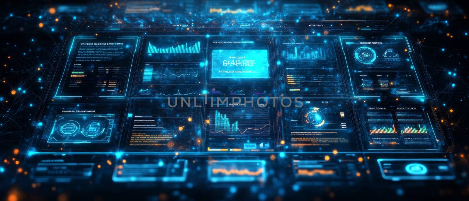 A glowing holographic dashboard with various interactive modules like analytics, content management, and customer interaction tools. Blue-toned particles and lines flow between each module.