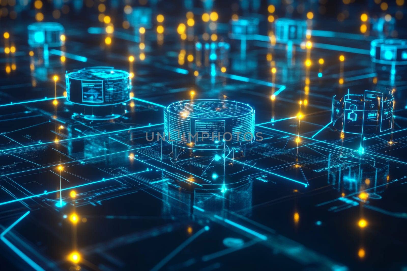 A glowing network of interconnected nodes representing government departments.