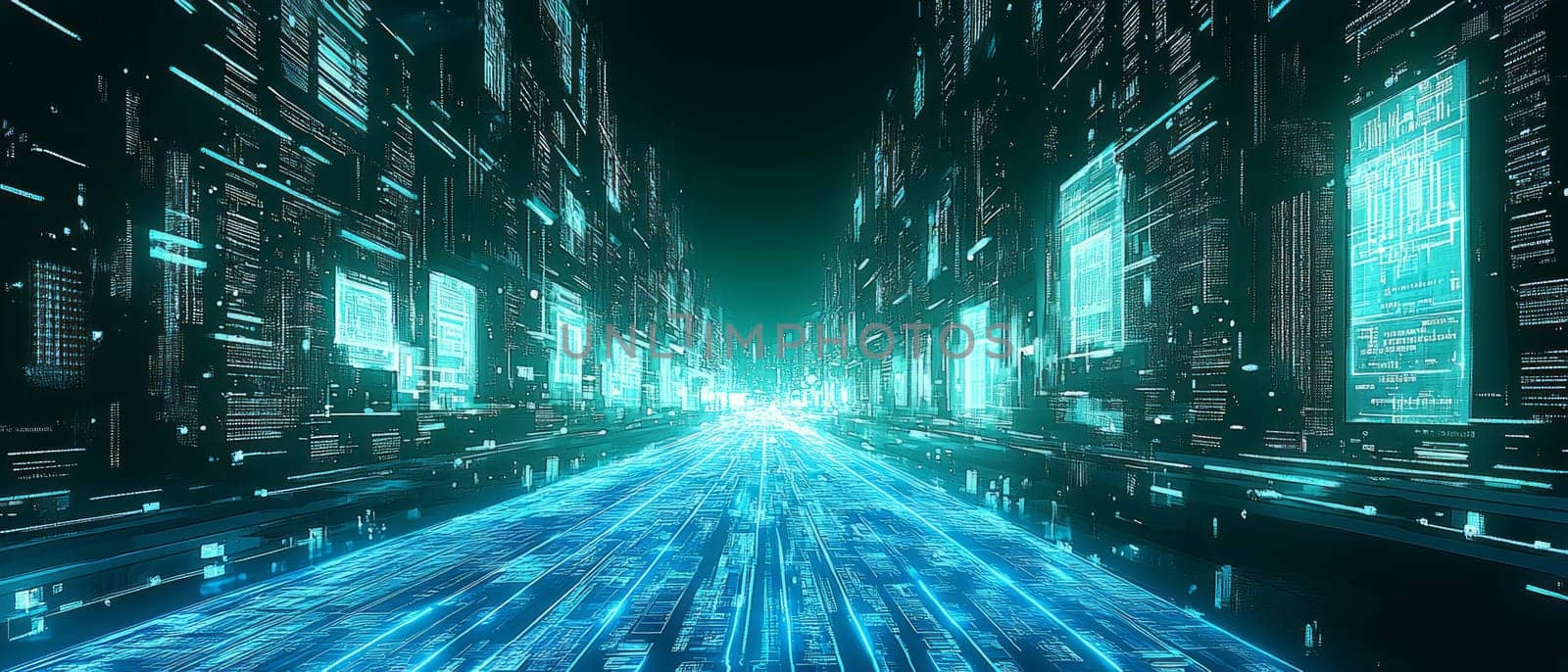 A vast river of digital data flowing through a futuristic city, with holographic government buildings along the stream. Blue lines of data flow from citizens' devices, symbolizing digital governance.