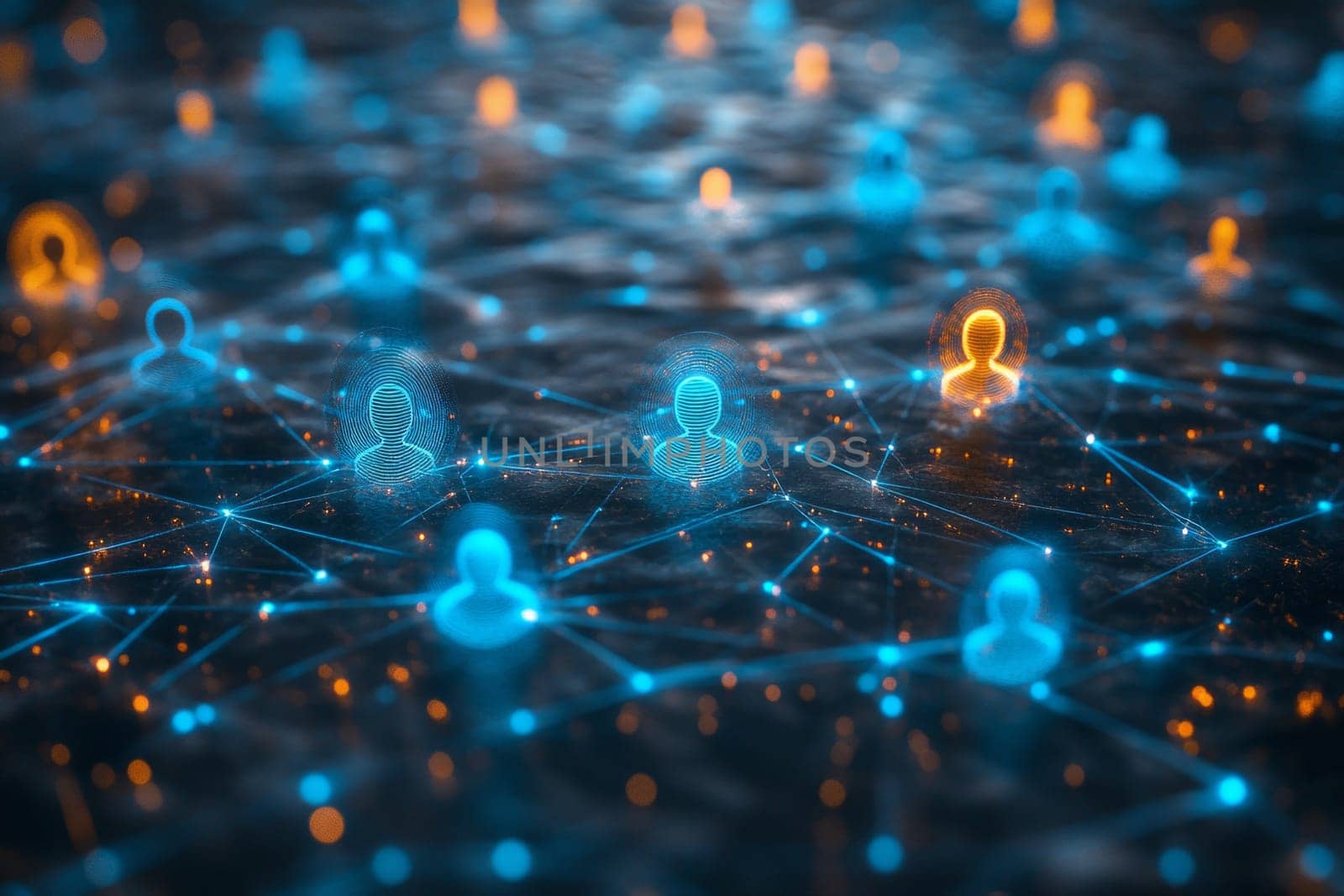A glowing network of interconnected profiles, represented by holographic avatars, floating in a digital web.
