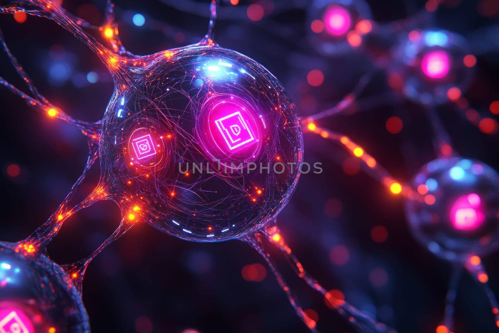 A complex web of glowing lines and nodes represents the algorithmic nature of social media influence. Each node lights up with holographic profiles and content, connected by swirling data streams.