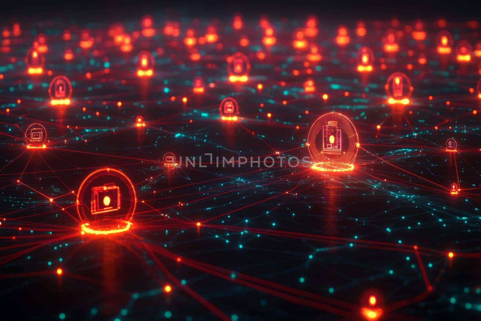 A complex web of glowing lines and nodes represents the algorithmic nature of social media influence. Each node lights up with holographic profiles and content, connected by swirling data streams.