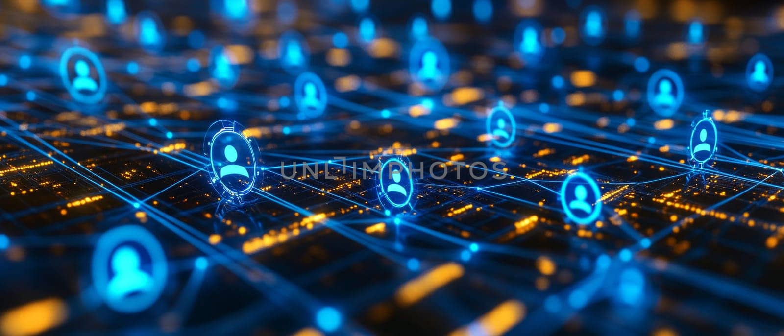 A holographic grid filled with interconnected worker profiles and digital skill icons. Blue lines of light connect skills to workers, symbolizing the integration of new skills into the workforce.