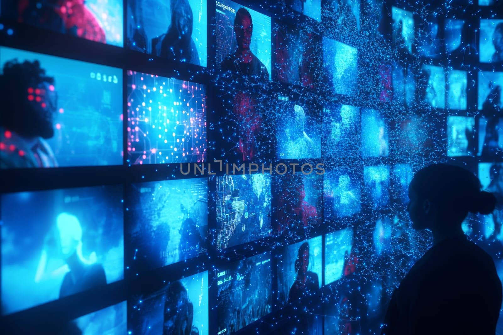 A grid of interconnected holographic screens shows different global cultures engaging through social media.