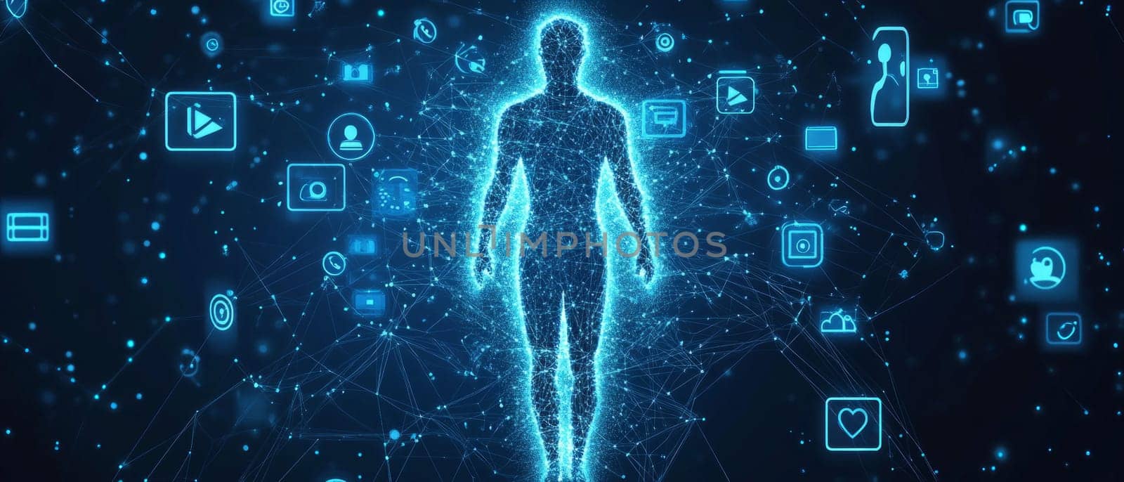 A holographic figure surrounded by floating social media icons, connected by blue-toned lines and data streams.