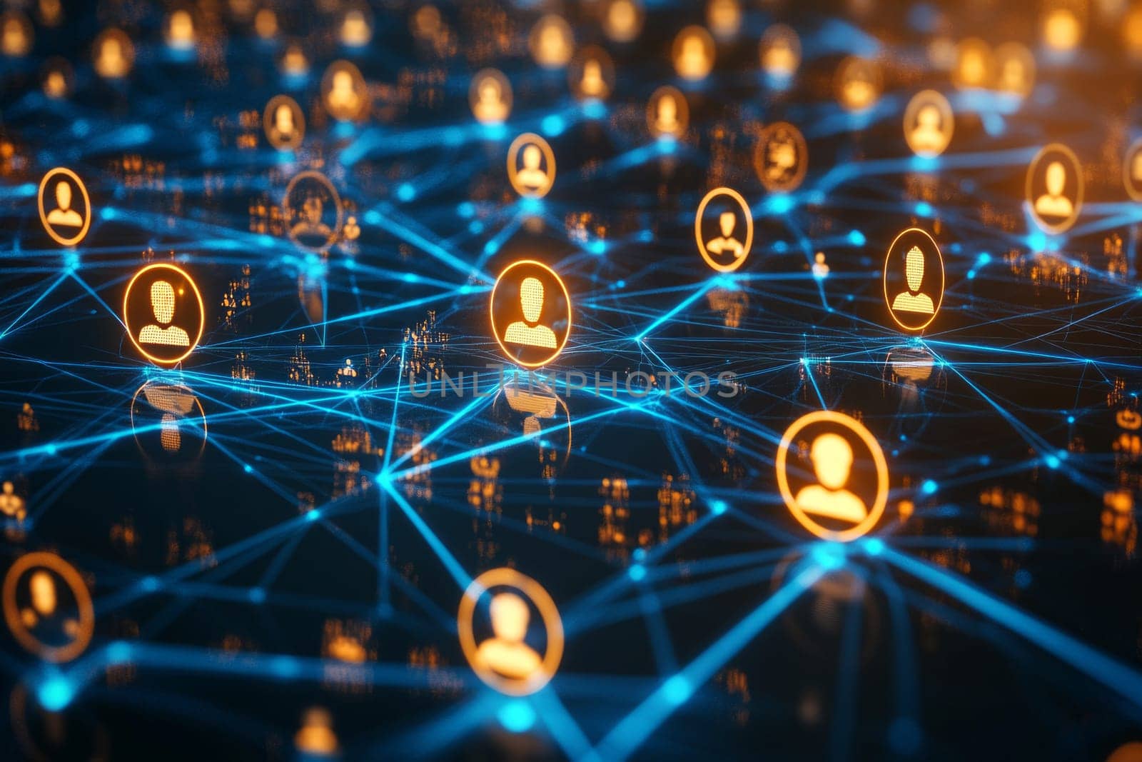 A holographic grid filled with interconnected worker profiles and digital skill icons. Blue lines of light connect skills to workers, symbolizing the integration of new skills into the workforce.