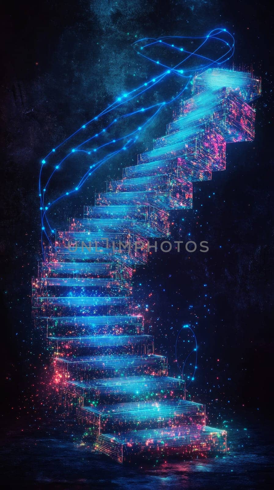 A glowing staircase made of holographic platforms represents the journey of upskilling. Blue-tinted data lines flow upward, guiding workers toward digital skills and future readiness.
