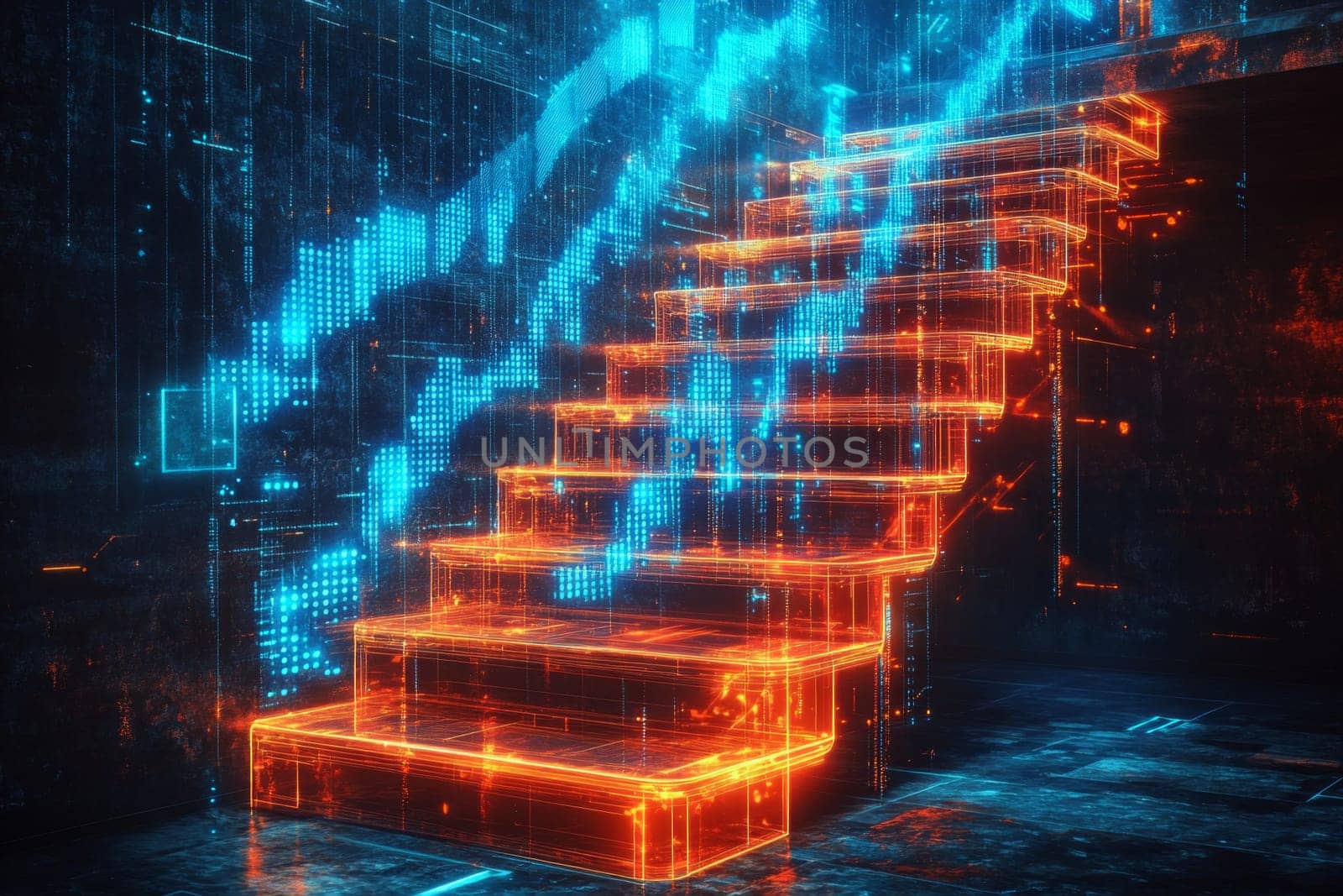 A glowing staircase made of holographic platforms represents the journey of upskilling. Blue-tinted data lines flow upward, guiding workers toward digital skills and future readiness.