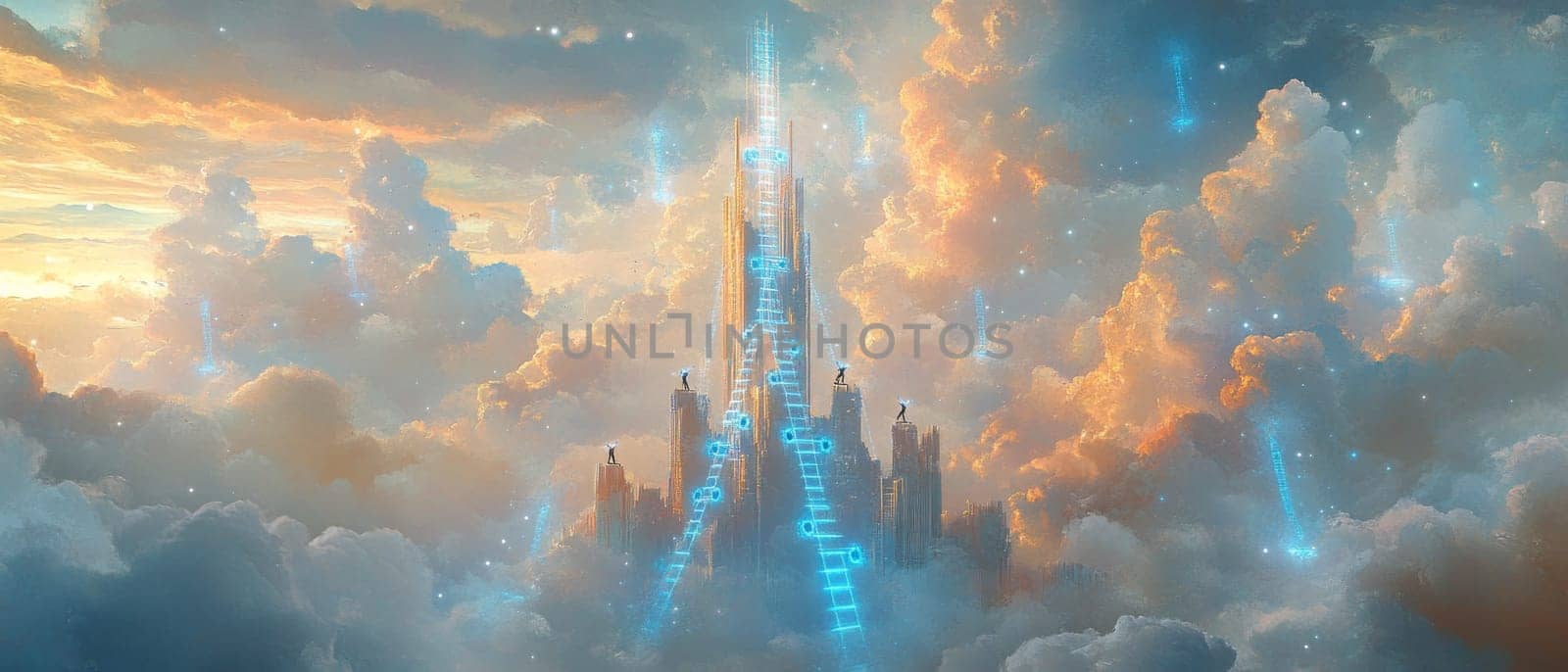 A holographic ladder ascends through a digital cloudscape, with glowing blue nodes on each rung representing key digital competencies. Workers climb the ladder, symbolizing development and readiness.