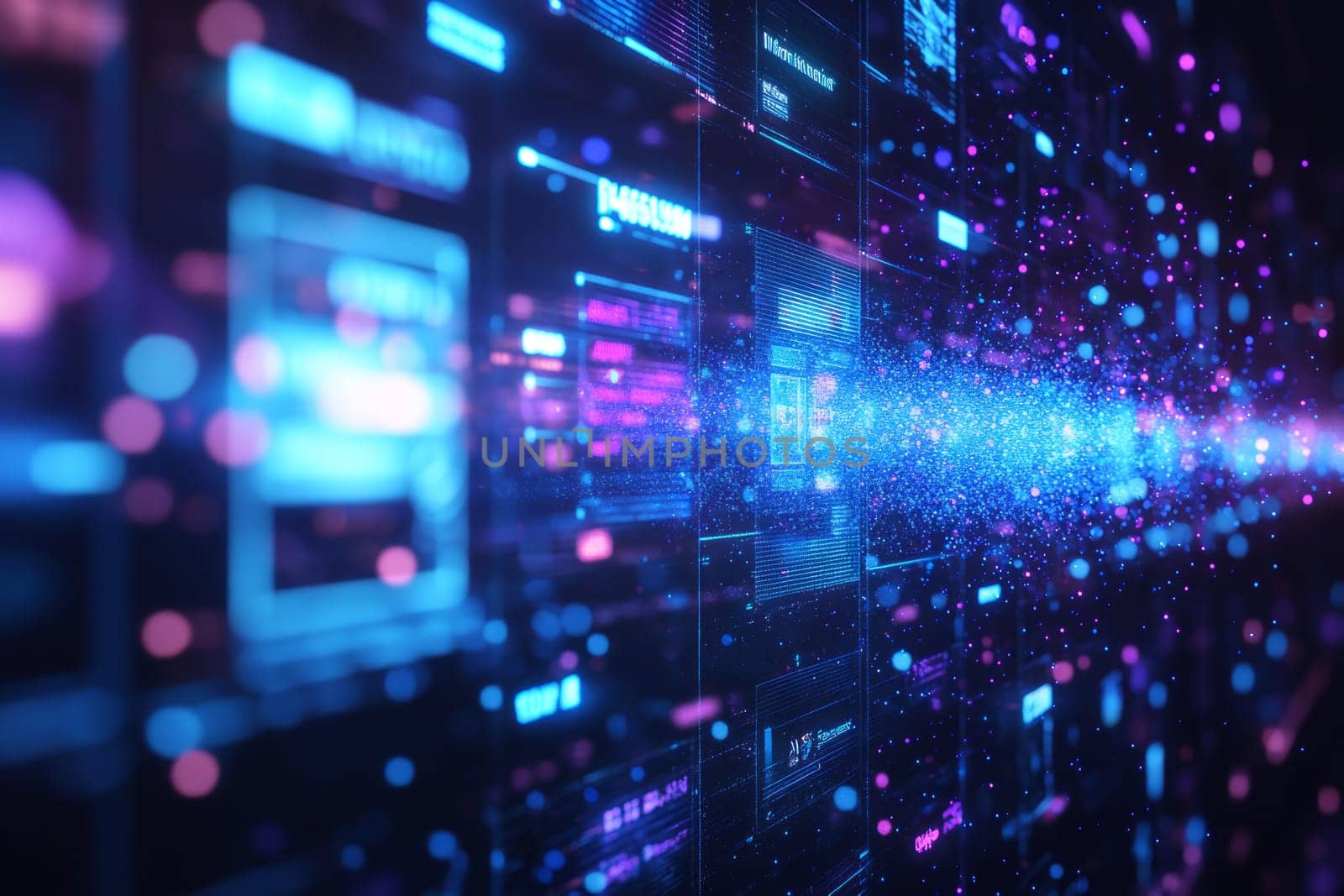 A grid of holographic screens displays different targeted ads for various consumer profiles. Blue and purple particle effects flow between the screens, symbolizing the personalized ad experience.