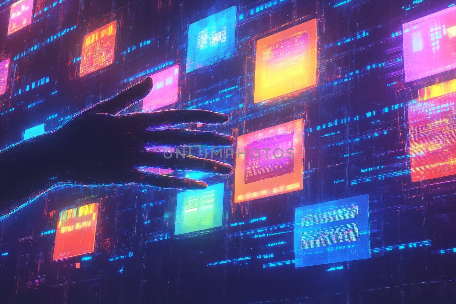 Holographic hands reaching out to floating digital ads, each glowing with vibrant colors. Blue-toned lines of data represent consumer reactions and impulses triggered by these ads.