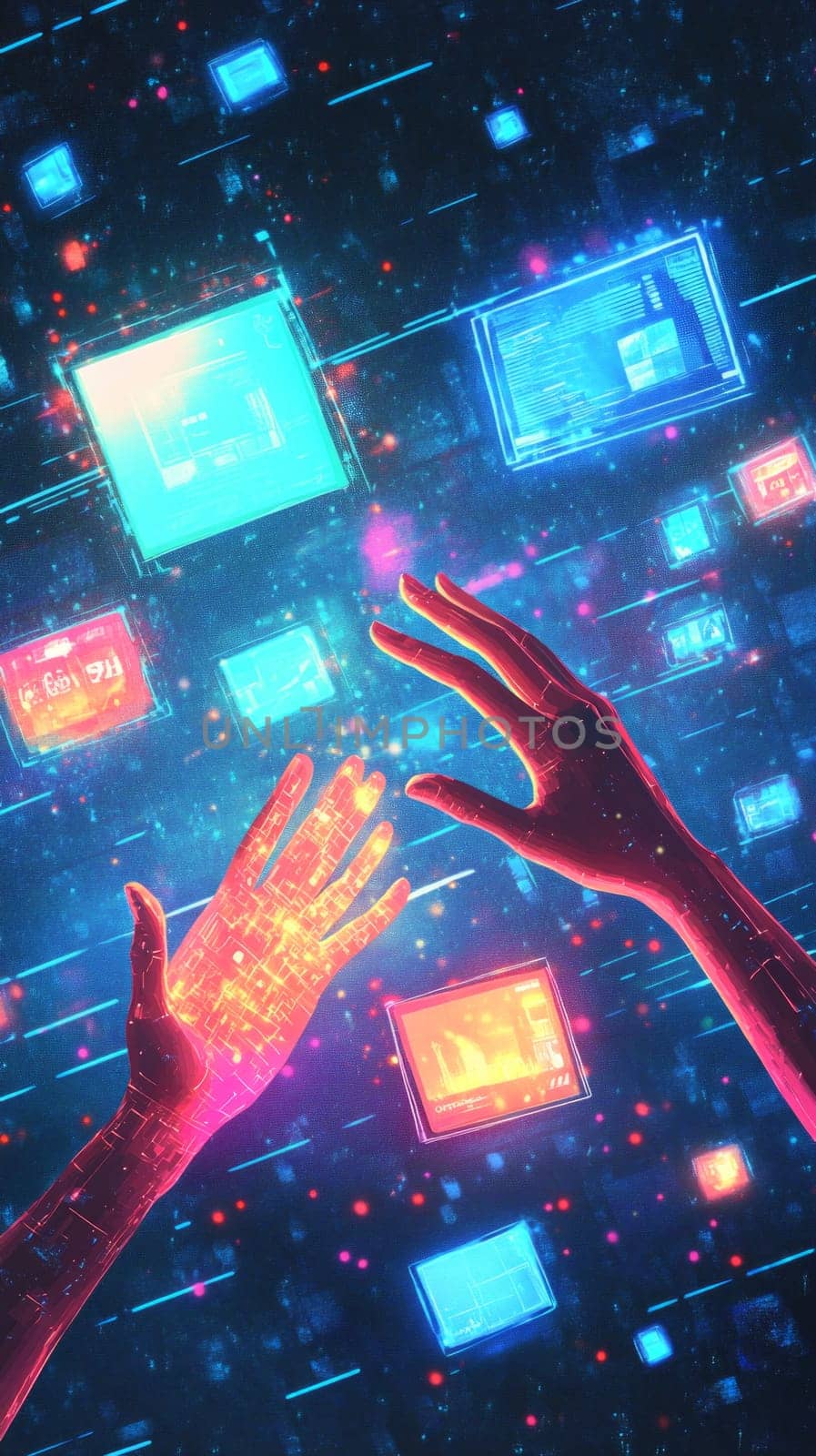 Holographic hands reaching out to floating digital ads, each glowing with vibrant colors. Blue-toned lines of data represent consumer reactions and impulses triggered by these ads.