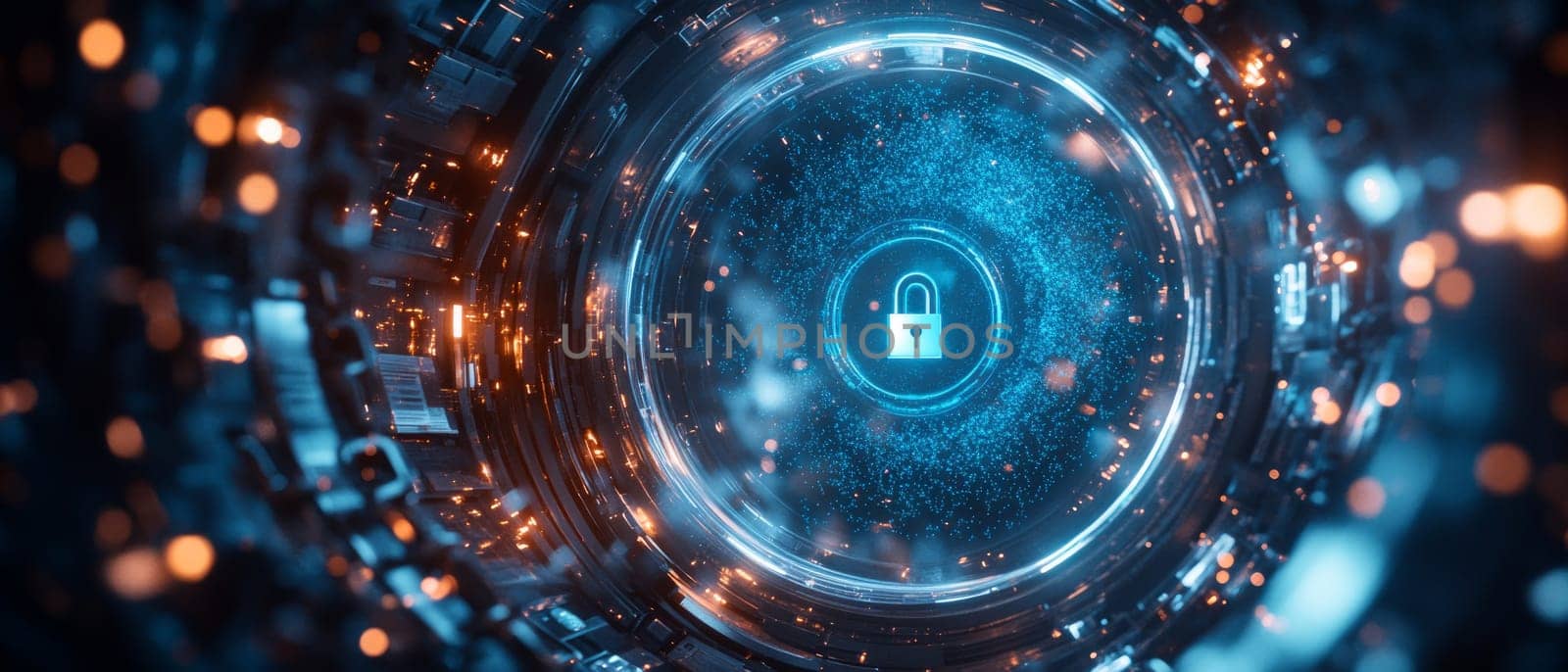 A holographic vault surrounded by glowing locks and chains, symbolizing restricted access. Blue-toned particle effects swirl around the vault, representing the protection of digital rights and assets.
