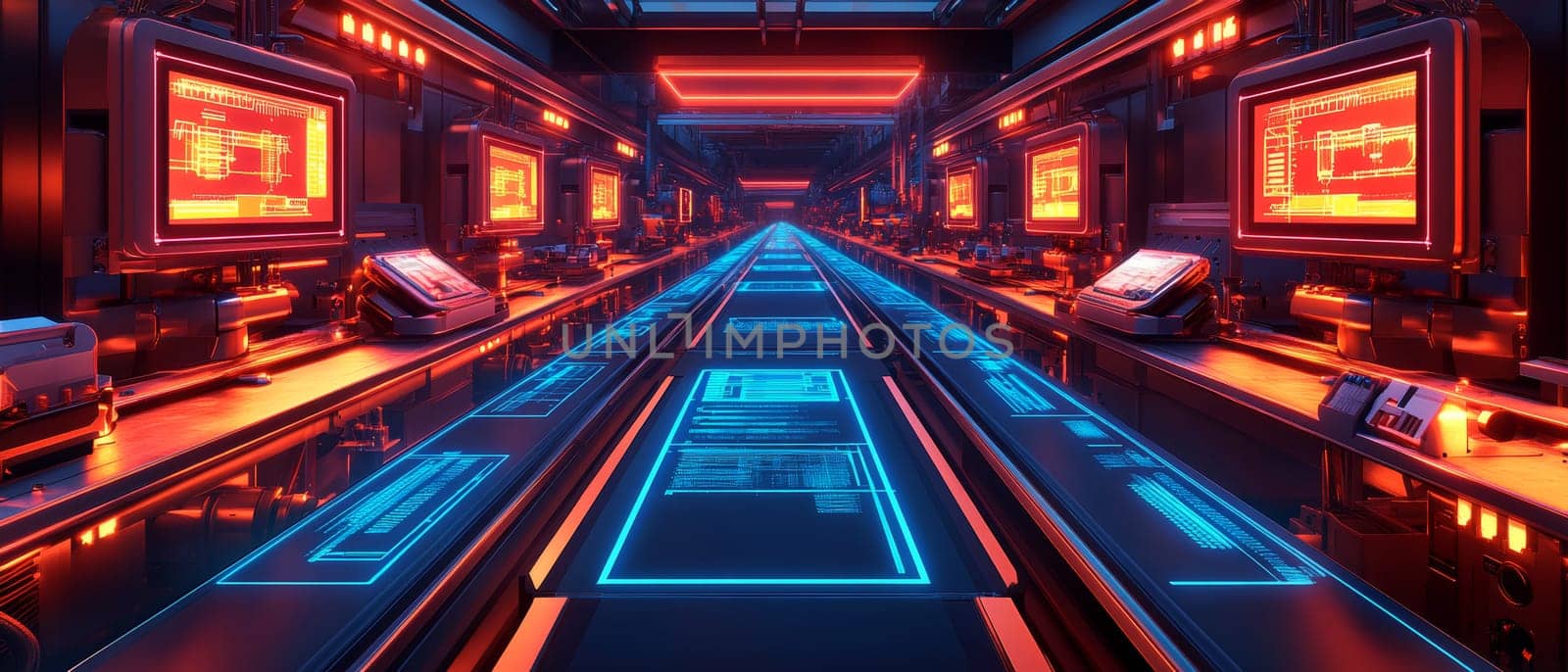 A glowing assembly line is mirrored by its digital twin, with holographic overlays showing real-time performance data.