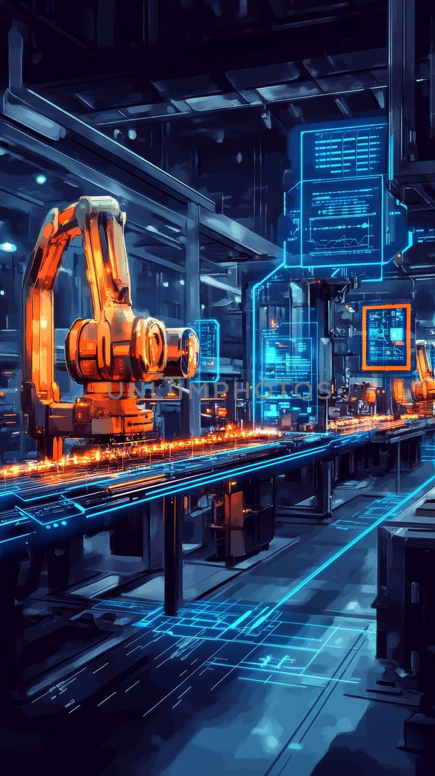 A glowing assembly line is mirrored by its digital twin, with holographic overlays showing real-time performance data.