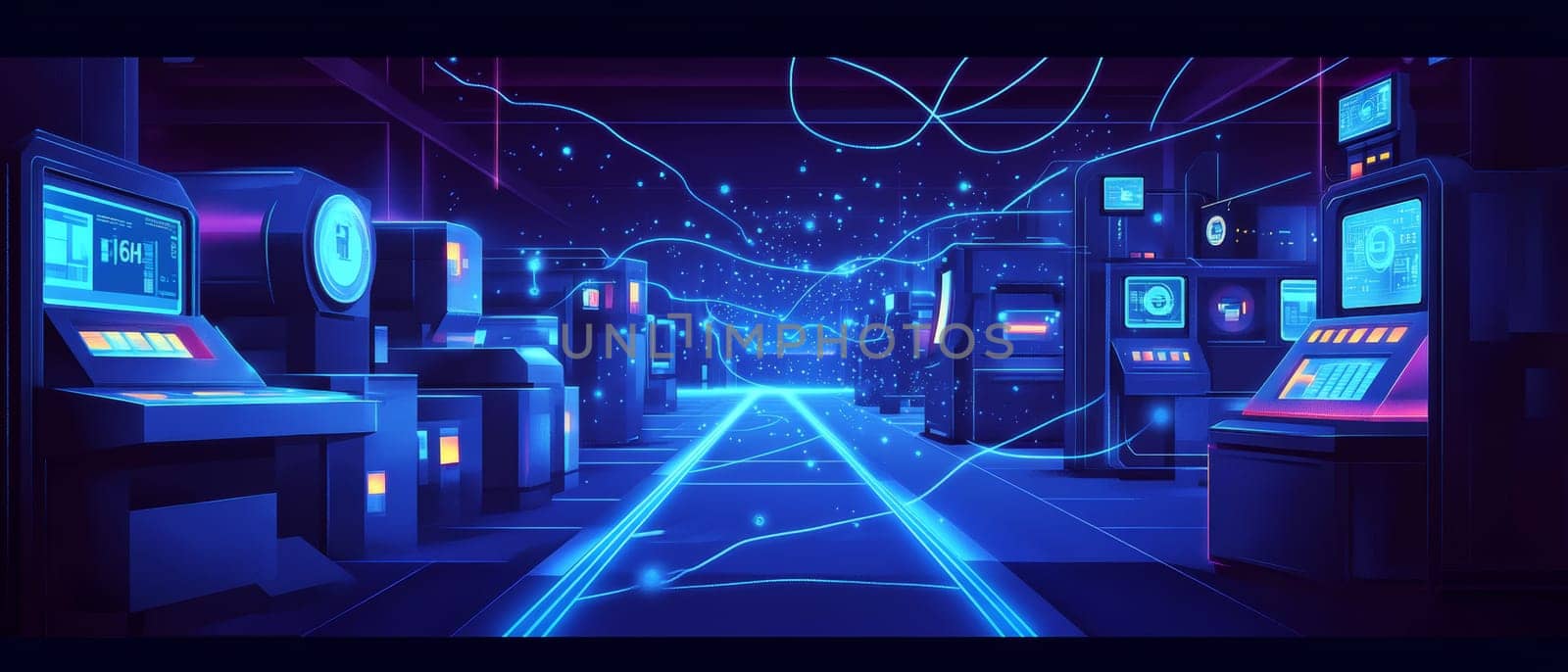 A holographic factory floor with multiple machines is linked by blue-toned lines to their digital twins.
