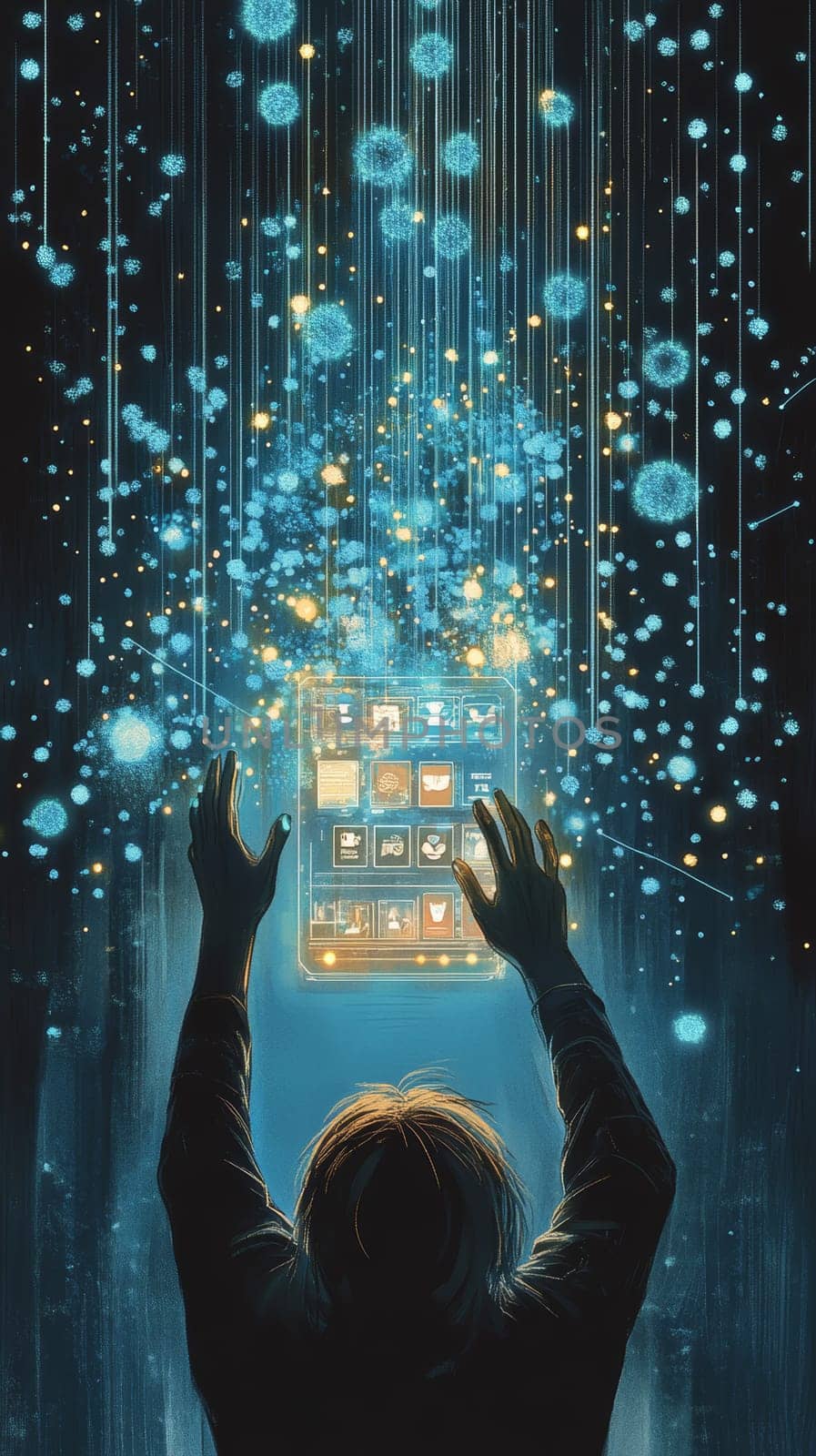 A person reaches out to a holographic screen displaying various causes, with blue-toned dots and lines flowing toward the screen.