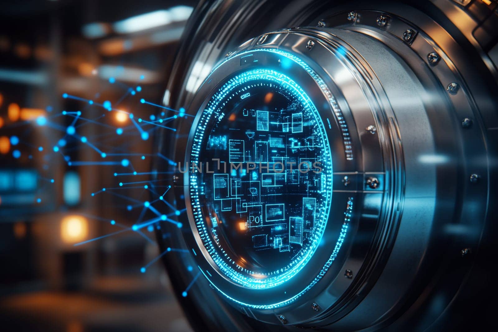 A glowing digital vault with blue holographic overlays, filled with personal data, documents, and digital assets.