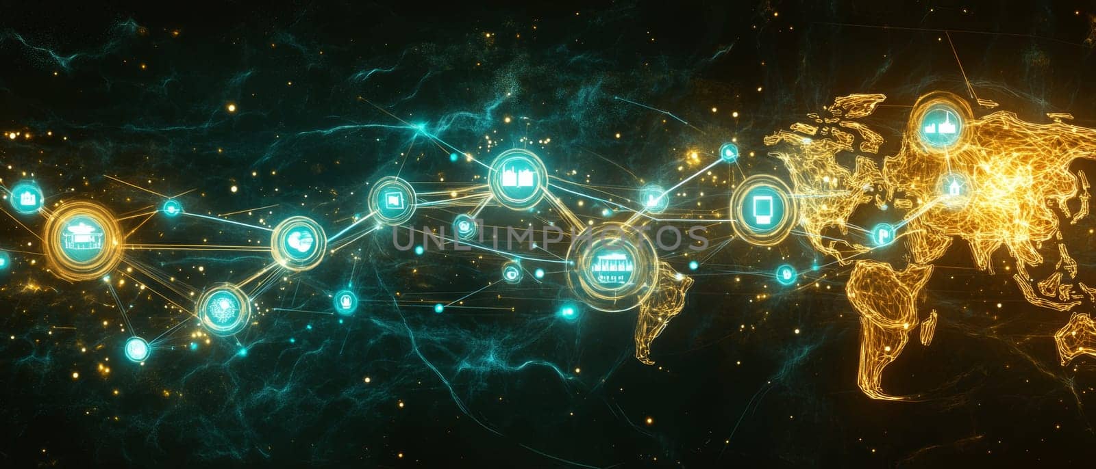 A map of the world is overlaid with holographic icons representing different crowdfunding projects, connected by glowing lines.