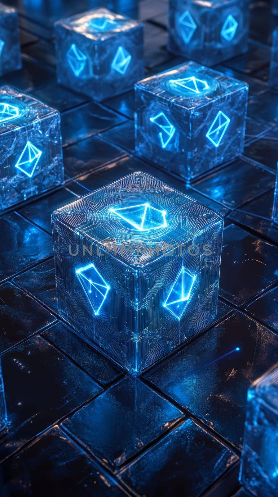 A futuristic representation of a blockchain with blue and white glowing blocks connected by holographic lines.