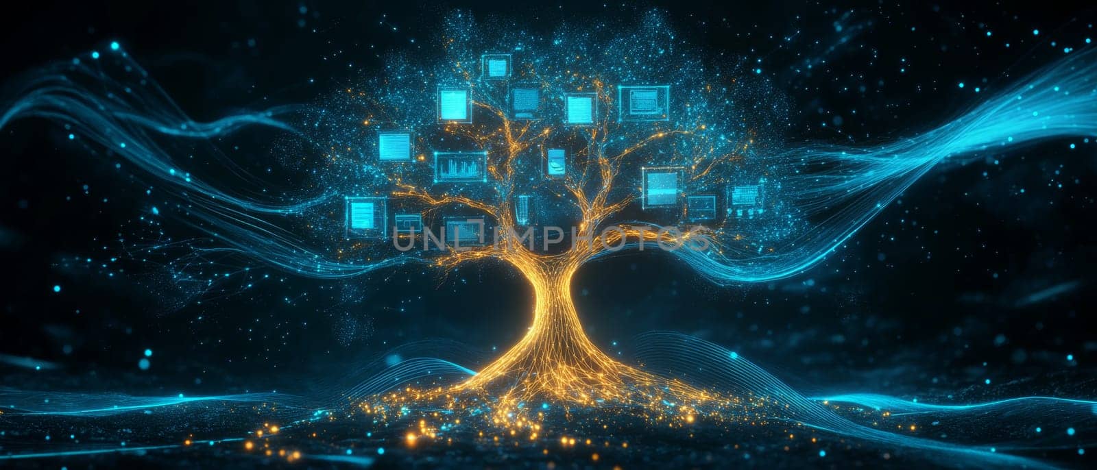 A tree made of glowing digital lines and dots represents a family tree, with each branch holding digital assets and documents.