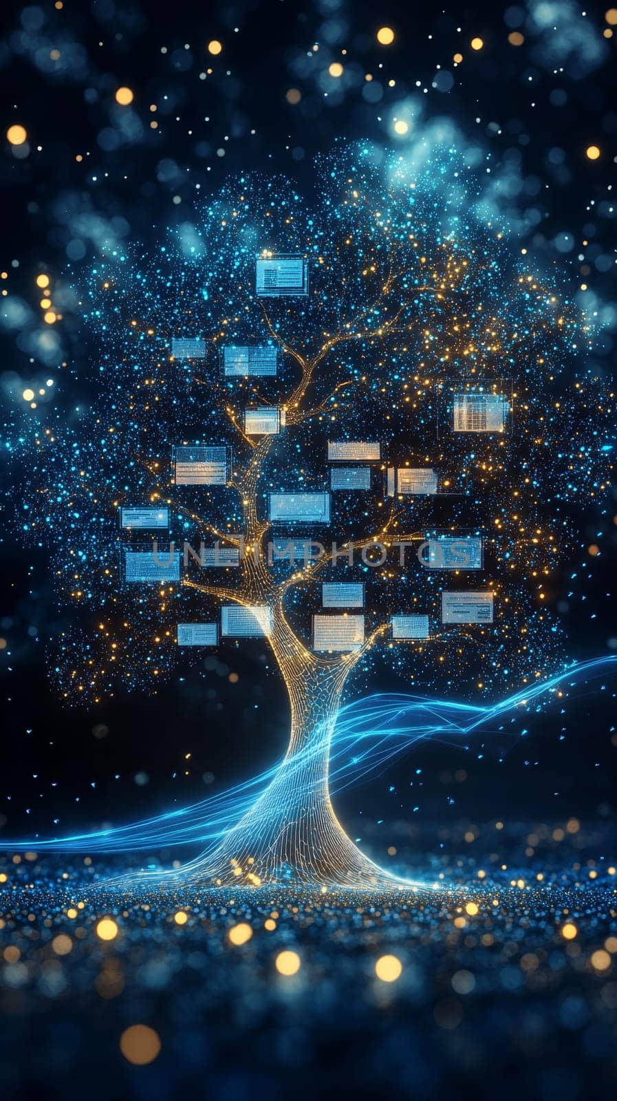 A tree made of glowing digital lines and dots represents a family tree, with each branch holding digital assets and documents.